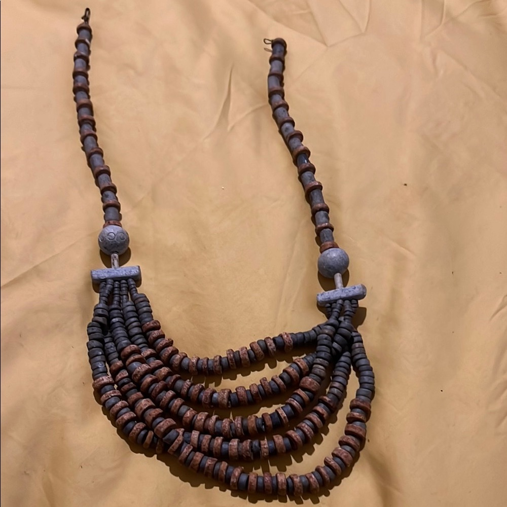 Brown and Tan Multi-Strand Wooden Bead Necklace